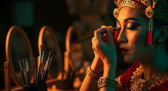 An elderly artisan uses a wooden mallet and metal chisel to carve mythical figures and deities into a heavy stone structure