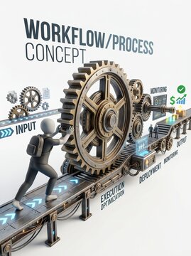 A stylized 3D illustration depicting a person pushing a gear on a conveyor belt representing a workflow or process concept with various stages labeled