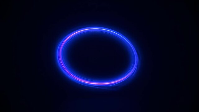 Neon oval light and glowing blue circle on dark background with pink glow, abstract neon ring, black space, futuristic minimal design for SEO abstract title