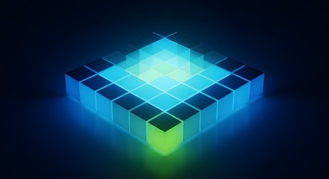 Vibrant blue and green glowing abstract cubic structure representing data connection and digital innovation