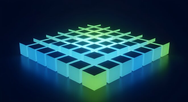 Dynamic digital grid of glowing cubes forming an ascending pyramid in abstract blue and green light
