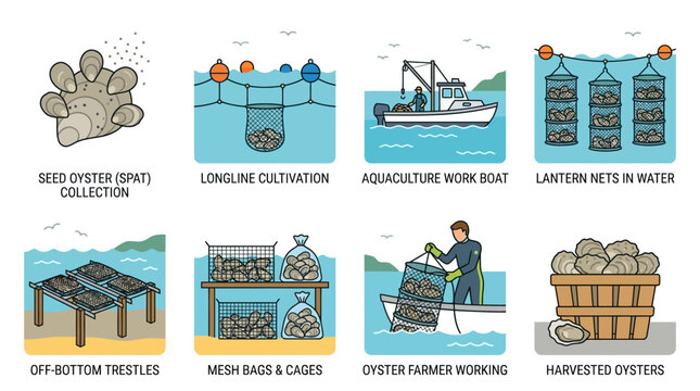 Oyster farming methods and equipment illustration set for aquaculture industry