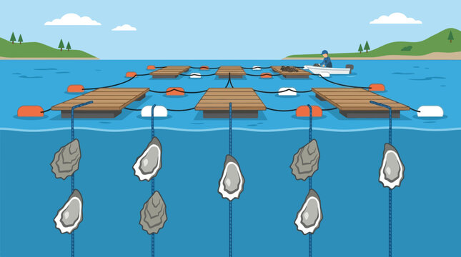 Illustration showing a sustainable oyster farming operation with wooden platforms and mollusks hanging from ropes in the blue ocean water