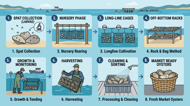 Oyster farming process steps illustrated from spat collection to market ready oysters