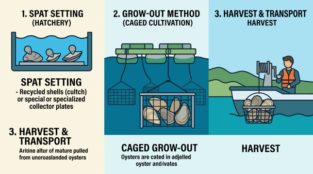 Oyster farming process stages illustrated with spat setting, caged grow-out, and harvest transport