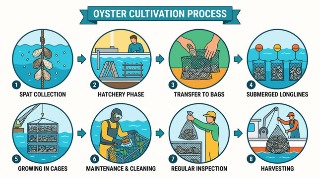 Oyster cultivation process steps from spat collection to harvesting oysters