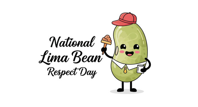 Cartoon illustration celebrating National Lima Bean Respect Day featuring a cheerful lima bean character wearing a hat and holding a lima bean-shaped treat, set against a clean white