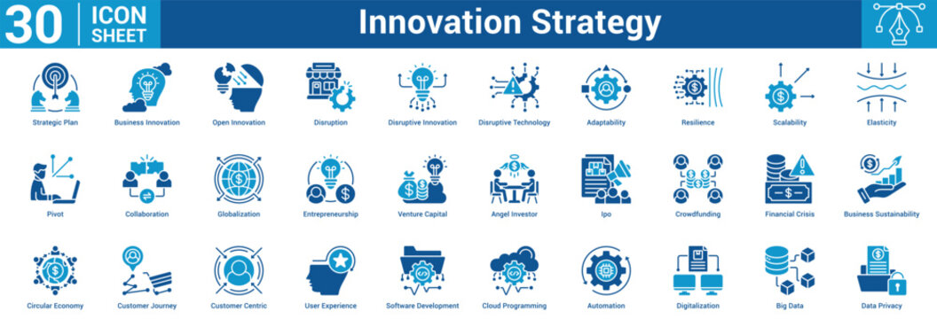 Innovation Strategy editable icon set 'vector illustration concept for business with icon of Strategic Plan, Business Innovation, Open Innovation, Disruption, Disruptive Innovation, Disrupti.