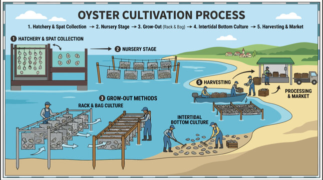 Oyster cultivation process from hatchery to harvesting and market