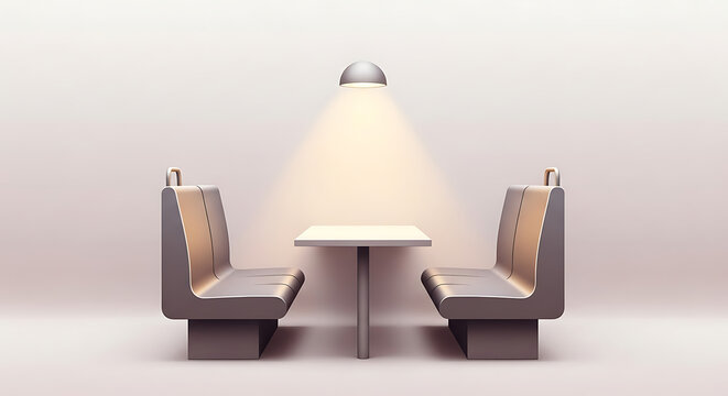 Contemporary minimalist booth seating with a small table illuminated by a focused spotlight, evoking a sense of quiet contemplation or an intimate rendezvous point