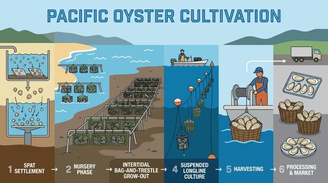 Pacific oyster cultivation process from spat settlement to harvesting and market
