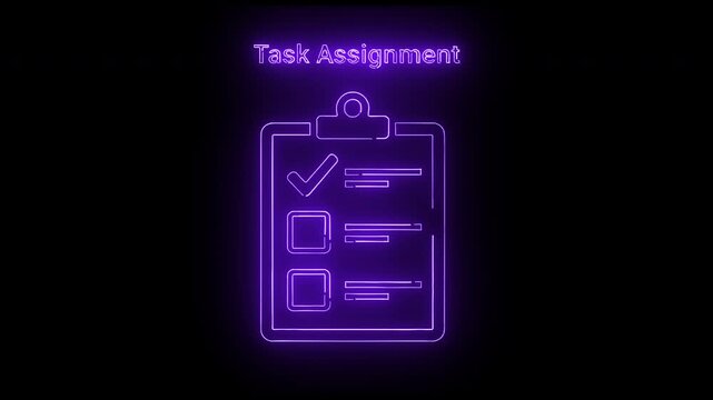 Neon purple illustration of a task assignment clipboard with checklist on a black background.