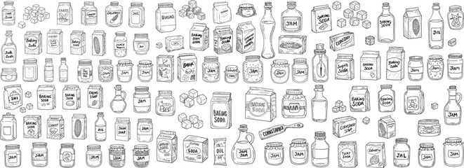 Fototapeta premium A detailed black and white illustration of assorted kitchen jars and containers, featuring various food items.