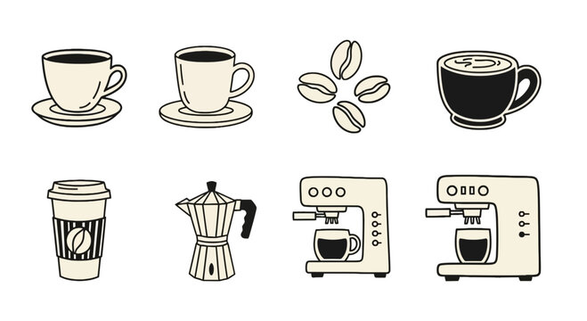 Coffee Icon Set Hand Drawn Illustration with Espresso Machines and Cups