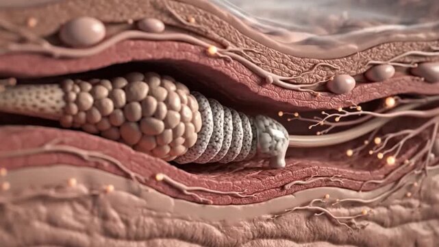 Microscopic cross-section of biological tissue revealing a parasitic organism embedded within layers of muscle and fat cells, with surrounding nerve fibers and glands.