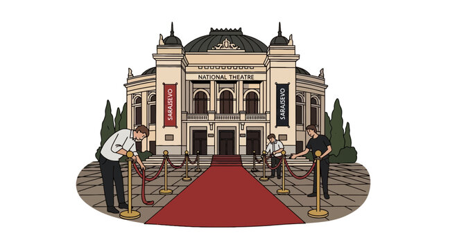 Sarajevo National Theatre Red Carpet Preparation Vector Illustration