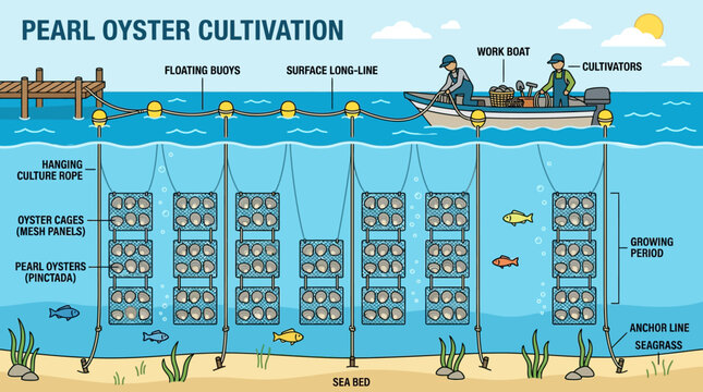 Pearl oyster cultivation process with workers on boat and underwater cages