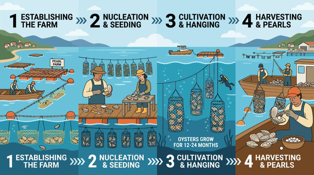 Pearl farming process steps illustrated, from establishing farm to harvesting pearls