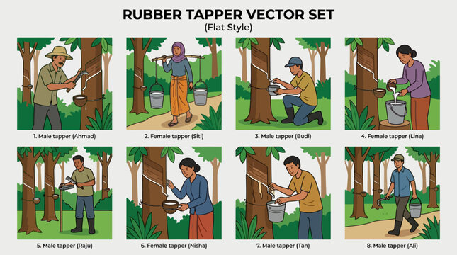 Rubber tappers collecting latex from trees in various poses and outfits