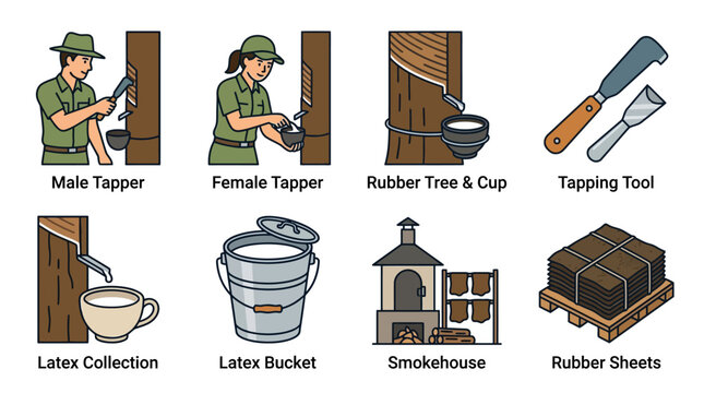 Rubber tapping process with people collecting latex from trees