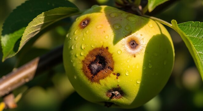 Rotten apple with brown spots on tree branch with green leaves