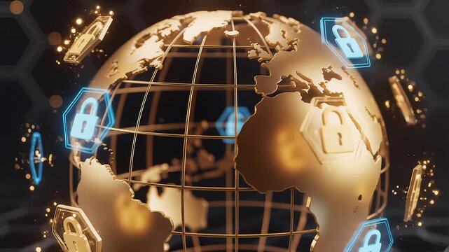 Golden globe grid with digital security padlock icons