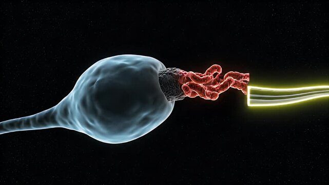 Abstract CGI visualization of a central biological cell nucleus with glowing outer membrane and internal structures against a dark starry background, depicting cellular process, medical education