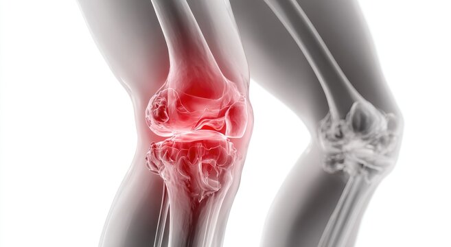 A close-up, X-ray style view of a human knee joint with pain highlighted in red