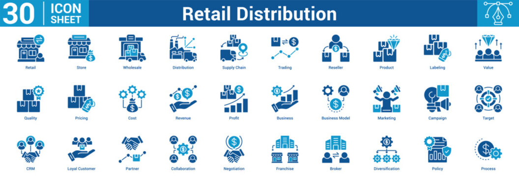 Retail Distribution Editable icon set vector illustration concept for business with icon of Retail, Store, Wholesale, Distribution, Supply Chain, Trading, Reseller, Product, Labeling, Value, Quality.