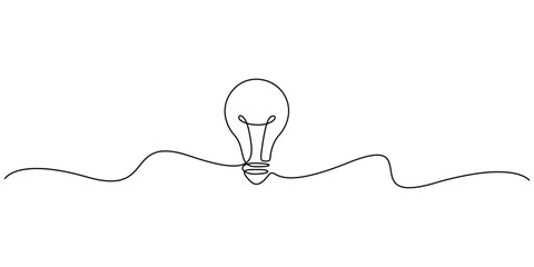 Continuous one line drawing of a light bulb on white background, Minimalist single line art of an electric bulb for idea and creativity concept © aminul788