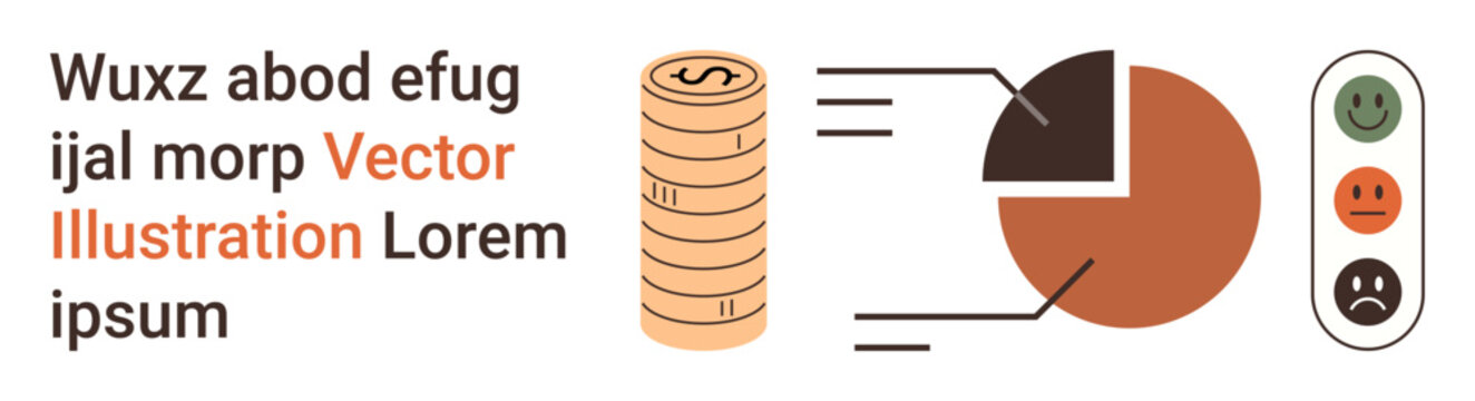 Business analytics, financial trends, customer feedback, graphical data, economic research, market performance. Coin stack, pie chart and emotion icons. Financial trends and business analytics
