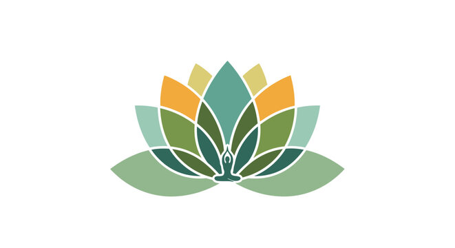 Stylized lotus flower illustration with person in yoga pose for wellness and meditation