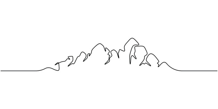 Continuous one line drawing of a mountain range Minimalist single line vector illustration of rocky peaks for adventure climbing and outdoor travel concept