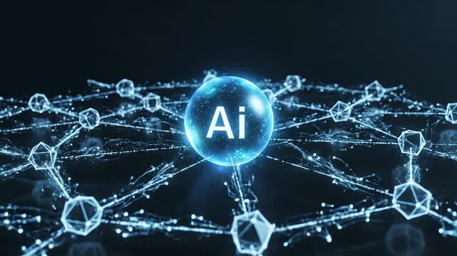 Artificial Intelligence network connecting data points with AI symbol in the center