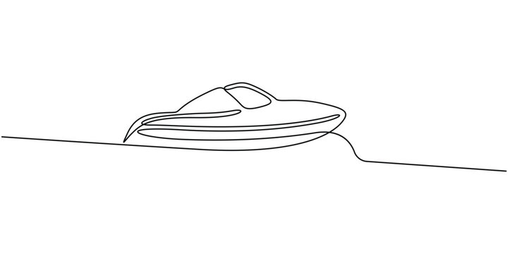 Continuous one line drawing of speedboat on water minimalist luxury yacht and nautical concept vector illustration Single line art of a motorboat, minimalist icon for summer vacation, sea travel 
