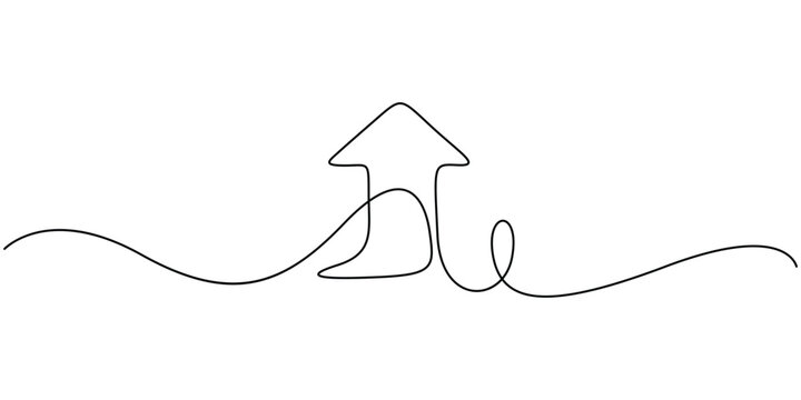 Continuous line drawing of an upward arrow, minimalist monoline rising graph for business growth and financial success concept on white background