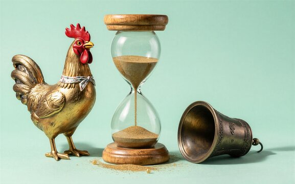 Golden rooster stands beside hourglass and bell symbolizing time's