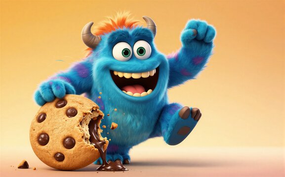 Blue monster joyfully bites into a chocolate chip cookie.