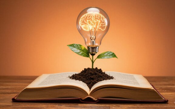 Light bulb with brain grows from book symbolizing knowledge sparking