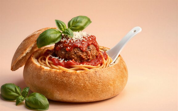 Bread bowl with spaghetti meatball tomato sauce basil leaves and