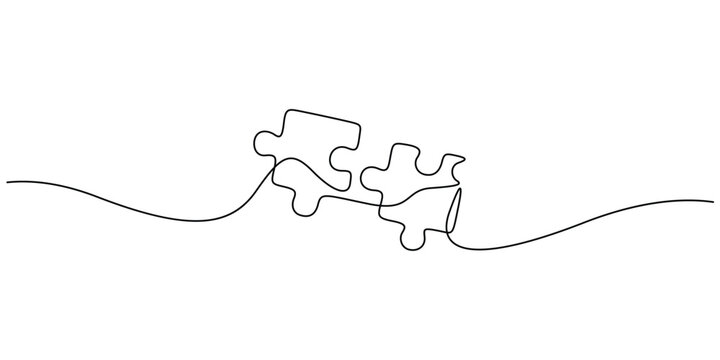 Continuous one line drawing of two puzzle pieces minimalist teamwork and problem solving concept vector illustration