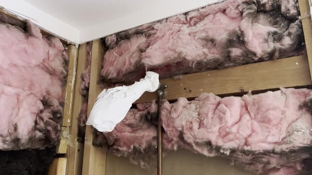 Open wall framing with pink insulation installed during renovation or construction, unfinished interior.