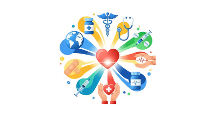 Fototapeta premium World Health Day illustration featuring diverse medical icons radiating from a central heart, presented as a colorful vector graphic, conveying unity and recovery against a clean white