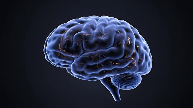 Abstract CGI Representation of Progressive Brain Volume Loss with Visible Neural Degeneration on a Dark Background for Educational and Healthcare Presentation Purposes