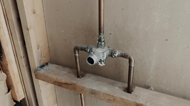 Exposed plumbing pipe installed in an unfinished wall during renovation or construction, close up.