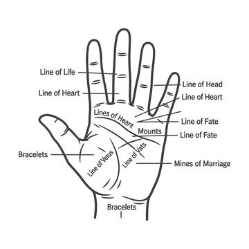 Palmistry hand with labeled lines and mounts