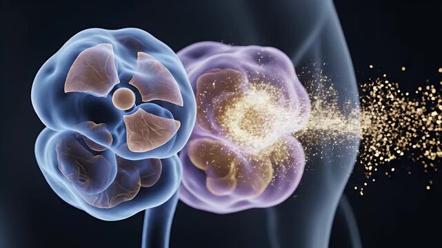 Abstract CGI Representation of Radiation Therapy Impact on a Cellular Cluster with Energy Beam and Particle Dispersion Against a Dark Medical Background for Educational and Scientific Presentations