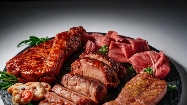 Glazed steak and sliced beef prosciutto cured meat platter with shrimp smoked marinated grilled
