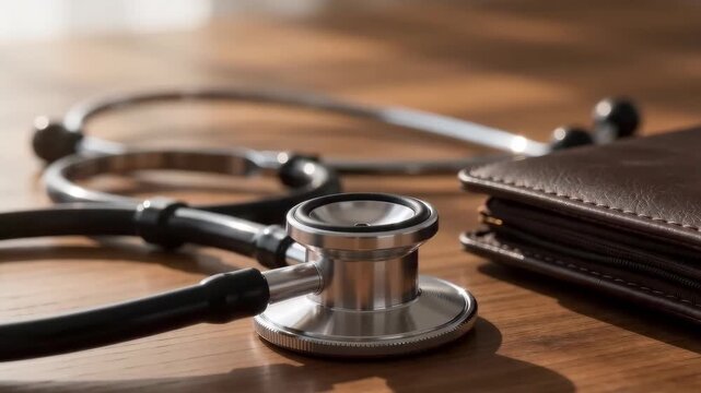 Close-up of a stethoscope and a wallet on a wooden surface, symbolizing healthcare and finance