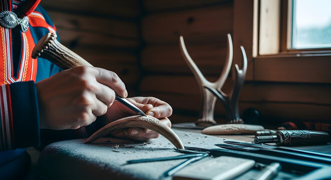 Close up of hands using a sharp tool to engrave traditional designs on a curved bone or horn material